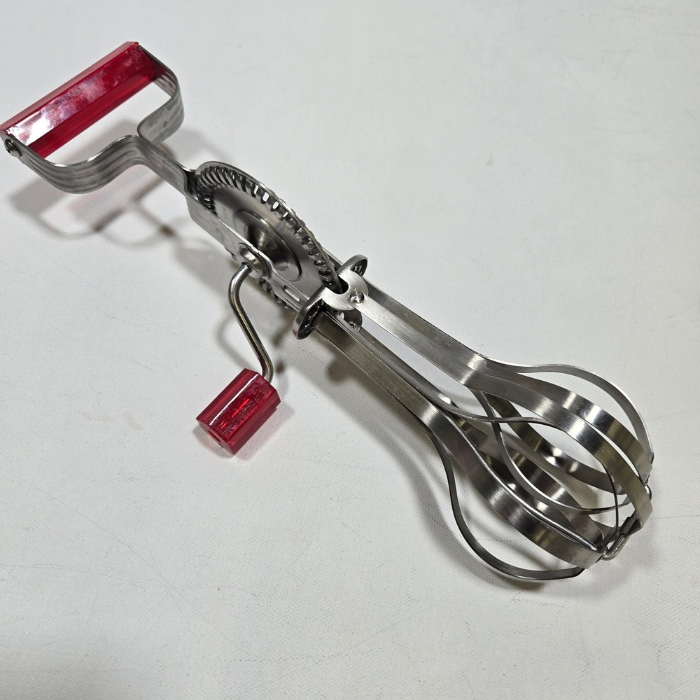 Endurance Rotary Egg Beater Hand Mixer Silver Red 12" Stainless Steel Vintage